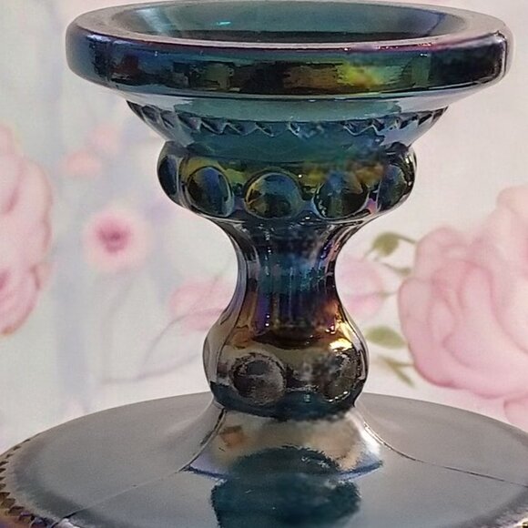 Iridescent Blue Carnival Glass Compote Dish by Indiana Kings Crown Thumbprint - Picture 11 of 11